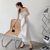 Spaghetti Strap Pleated Satin Dress Loose Casual Sexy Korean Party Dress Long Midi Dress Straight Slash Neck Summer Dress