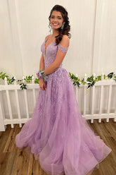 Elegant A Line Off the Shoulder Lilac Long Prom Dress with Appliques