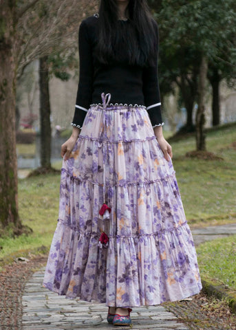 Bohemian Purple Wrinkled Print Patchwork Cotton Skirts Summer Bohemian Purple Wrinkled Print Patchwork Cotton Skirts Summer