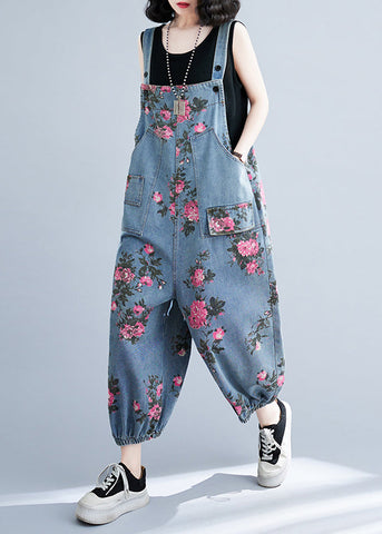Bohemian Light Blue Oversized Print Pockets Denim Jumpsuits Summer Bohemian Light Blue Oversized Print Pockets Denim Jumpsuits Summer