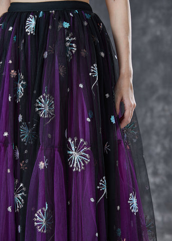 Bohemian Purple Dandelion Embroideried Wear On Both Sides Tulle Skirt Summer Bohemian Purple Dandelion Embroideried Wear On Both Sides Tulle Skirt Summer