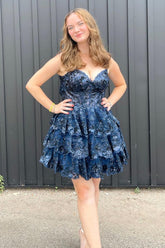 Princess A Line Spaghetti Straps Navy Corset Homecoming Dress with Ruffles