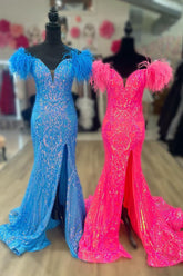 Glittering Glamour Mermaid Off the Shoulder Hot Pink/Blue Long Prom Dress with Feather