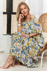 Floral Off-Shoulder Short Sleeve Summer Maxi Dress
