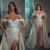 Bmbridal Off-the-Shoulder Mermaid Wedding Dress Sequins Slit Overskirt