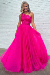 A-line One Shoulder Lace Tulle Prom Dress with Slit