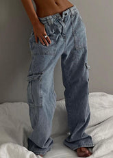 Stylish Blue Pockets Elastic Waist Patchwork Denim Wide Leg Pants Fall