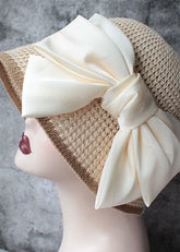 Classy Beige Silk Bow Straw Woven Bucket Hat