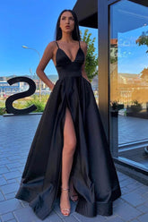 A Line Spaghetti Straps Black Long Prom Dress with Silt