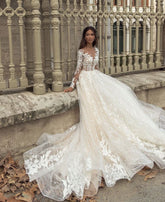 Bmbridal Long Sleeves Wedding Dress Princess With Lace Appliques