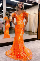 Mermaid Off the Shoulder Orange Long Prom Dress with Feathers