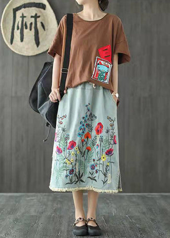 Boho Dark Blue Embroideried Tasseled A Line Summer Skirts Denim Boho Dark Blue Embroideried Tasseled A Line Summer Skirts Denim