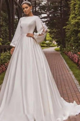 Luxurious Floor-Length A-Line Jewel Neck Long Sleeves Satin Wedding Dresses
