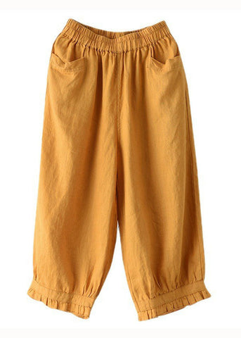 Boho Yellow Pockets Ruffled Patchwork Linen Crop Pants Summer Boho Yellow Pockets Ruffled Patchwork Linen Crop Pants Summer