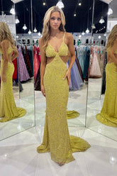 Mustard Green Sequins Deep V Neck Cutout Long Prom Dresses