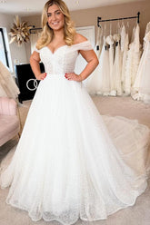 Bmbridal Off-the-Shoulder Tulle Wedding Dress Princess With Pearls