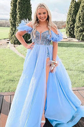 A Line Off the Shoulder Blue Long Prom Dress with Feather