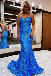 Sparkly Mermaid Blue Sweetheart Sequins Long Prom Dress with Open Back