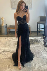Black Corset Sweetheart Long Lace Prom Dress with Slit
