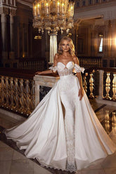 Bmbridal Off-the-Shoulder Overskirt Wedding Dress Mermaid Lace Bridal Gown