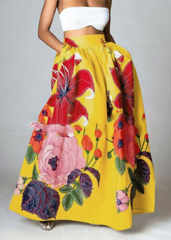 Bohemian Yellow High Waist Pockets Floral Print Cotton A Line Skirt Summer Bohemian Yellow High Waist Pockets Floral Print Cotton A Line Skirt Summer