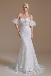 BMbridal Detachable Bubble Sleeves Lace Wedding Dress Mermaid Long