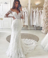 BMbridal Long Sleeves Mermaid Wedding Dress Lace V-Neck Bridal Gowns
