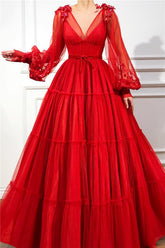 Bmbridal Red V-Neck Bubble Sleeves Prom Dress Long