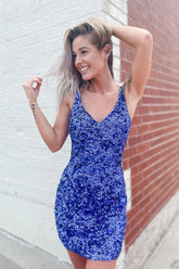 Royal Blue V Neck Sequins Homecoming Dress