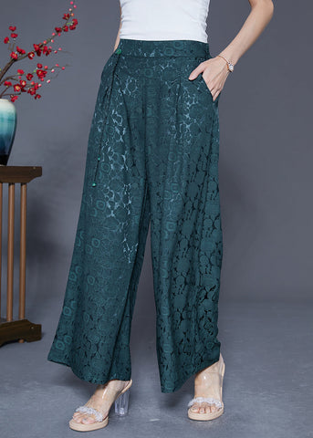Blackish Green Silk Straight Pants High Waist Tassel Summer Blackish Green Silk Straight Pants High Waist Tassel Summer