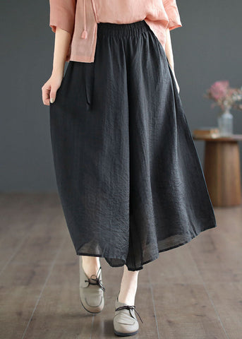 Black Patchwork Cotton Crop Wide Leg Pants Elastic Waist Summer Black Patchwork Cotton Crop Wide Leg Pants Elastic Waist Summer
