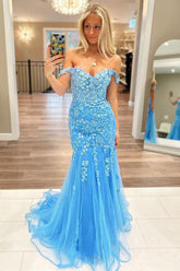 Off the Shoulder Tulle Mermaid Prom Dresses with Appliques
