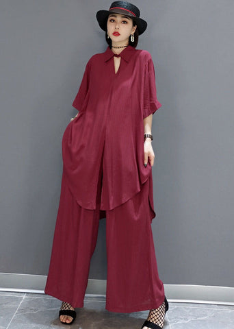 Boho Red Peter Pan Collar shirt wide leg pants Satin Two Pieces Set Spring Boho Red Peter Pan Collar shirt wide leg pants Satin Two Pieces Set Spring