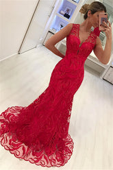 Bmbridal Red Sleeveless Mermaid Prom Dress With Lace Evening Gowns