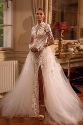 Bmbridal Long Sleeves High Neck Wedding Dress Tulle Appliques With Slit