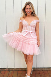 Cute A Line Off the Shoulder Pink Short Homecoming Dress with Ruffles