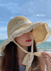 Stylish Beige Hollow Out Lace Straw Woven Floppy Sun Hat