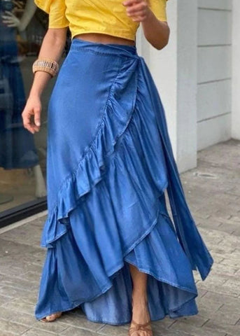 Bohemian Blue Ruffled Tie Waist Patchwork Denim Skirts Summer Bohemian Blue Ruffled Tie Waist Patchwork Denim Skirts Summer