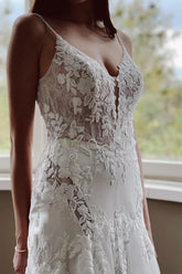 Bmbridal Spaghetti-Straps Open Back Wedding Dress With Appliques Sleeveless