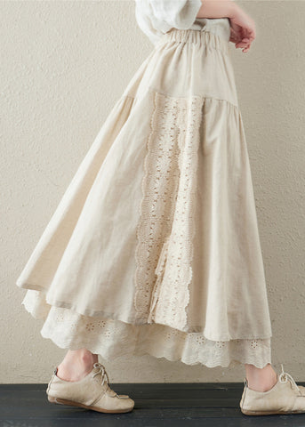 Brief Khaki Embroideried Patchwork Elastic Waist Linen A Line Skirt Summer Brief Khaki Embroideried Patchwork Elastic Waist Linen A Line Skirt Summer