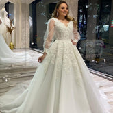 BMbridal Tulle Long Sleeves Ball Gown Wedding Dress With Lace Appliques