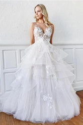 BMbridal V-Neck Sleeveless Appliques Wedding Dress With Ruffles