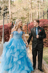 Off the Shoulder Ruffle Tiered Tulle Long Prom Dresses with Appliques