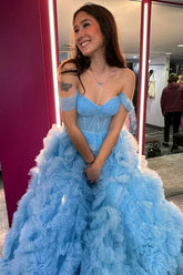 A Line Off the Shoulder Blue Corset Prom Dress with Ruffles