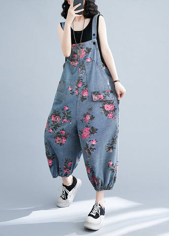Bohemian Light Blue Oversized Print Pockets Denim Jumpsuits Summer Bohemian Light Blue Oversized Print Pockets Denim Jumpsuits Summer