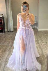 Charming A Line Deep V Neck Light Purple Long Prom Dress with Appliques