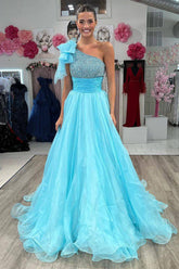Grand Beauty A Line One Shoulder Sky Blue Long Prom Dress with Beading