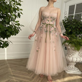 A Line Scoop Long Sleeve Tulle Prom Dress with Floral Embroidery