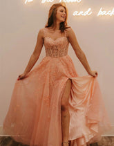A-Line Spaghetti Straps Glitter Tulle Prom Dress with Slit