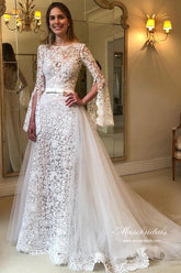 A-line Long Sleeves Floral Lace Wedding Dresses With Detachable Train